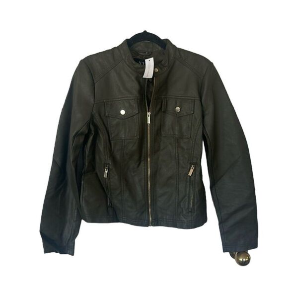 NY&C Faux-Leather Double-Pocket Full Zip Jacket Women's army green Small NWT - Picture 4 of 7